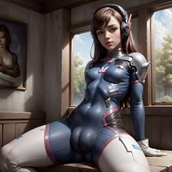 1girls ai_generated big_pussy bodysuit brown_hair cameltoe d.va fat_mons fully_clothed headphones hi_res long_hair looking_at_viewer moose_knuckle overwatch overwatch_2 sitting skin_tight small_breasts spread_legs stable_diffusion