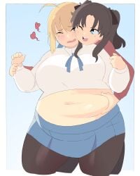 2girls ahoge artoria_pendragon belly_grab blonde_hair blue_eyes blush brown_hair chubby clothed clothing duharu embarrassed fat fate/stay_night fate_(series) female female_only fondling groping long_hair napolitane navel overweight plump saber tohsaka_rin twintails yuri