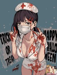 1girls big_breasts blush chainsaw_man cleavage covid-19_pandemic denji_(chainsaw_man) female female_only halloween higashiyama_kobeni light-skinned_female mappa mask nurse nurse_cap nurse_uniform thick_thighs trick_or_treat