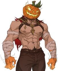 1boy bara bara_tits barazoku clothing creature fire_from_eyes gay halloween holidays jack-o'-lantern jack_o'_lantern looking_at_viewer male male_focus male_nipples male_only male_pubic_hair manly muscular_male nipples pumpkin pumpkin_head pumpkin_head_(character) solo solo_male yaoi