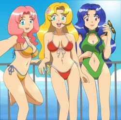 3girls bikini blonde_hair blue_eyes blue_hair breasts cleavage daisy_(pokemon) female female_focus female_only flower_in_hair green_eyes lily_(pokemon) nintendo one-piece_swimsuit pink_hair pokemon red_eyes sunglasses swimsuit thighs violet_(pokemon)