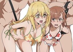 2boys 2girls arms_behind_back asymmetrical_bangs bent_over bikini blonde_hair bondage bound bound_arms breasts breasts_apart brown_eyes brown_hair censored clothed_female_nude_male collarbone commentary_request female femsub hair_behind_ear hair_between_eyes imminent_rape large_breasts long_hair misaka_mikoto mosaic_censoring multiple_boys multiple_girls multiple_subs navel nude open_mouth print_bikini restrained shokuhou_misaki short_hair side-tie_bikini_bottom small_breasts sparkling_eyes standing straight sweat swimsuit to_aru_kagaku_no_railgun to_aru_majutsu_no_index toranpo_rintarou white_background white_bikini yellow_bikini yellow_eyes