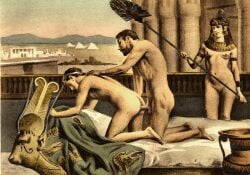 age_difference anal anal_sex ancient_egypt ancient_rome antinous beard dark_hair dark_nipples disgusted_expression disgusted_look earrings feather_fan glaring hadrian landscape_background male/male male_penetrating_male mostly_nude_female muscular_male naked_male on_bed outside painting_(artwork) paul_avril pyramids servant smile smiling tan_skin vase yaoi