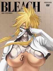 1girls bleach blonde_hair breasts covered_nipples dark-skinned_female dark_skin emotionless expressionless female green_eyes jacket large_breasts looking_to_the_side official_art solo tia_harribel unzipped_jacket unzipping white_jacket