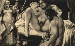 black_and_white breasts closed_eyes dick in_bed jacking_off lantern legs_spread painting_(artwork) paul_avril preparation pussy servant walked_in_on