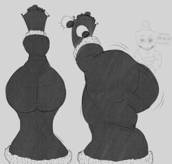 1girls alternate_body_type anthro armless ass big_ass black_and_white caked_up chess chess_piece clothed female garbageboxxxed glitch_productions gooseworx huge_ass kinger_(the_amazing_digital_circus) looking_at_ass queenie_(the_amazing_digital_circus) robe shaking_butt solo tagme the_amazing_digital_circus wide_hips