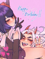 1boy 1girls arataki_itto bare_thighs between_thighs birthday female genshin_impact happy head_between_thighs imminent_oral kujou_sara male male/female oni oni_horns pap_paprika peace_sign red_horns straight tengu white_hair