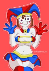 2023 2d 2d_(artwork) 2d_artwork artist_request big_breasts breasts brown_hair female glitch_productions gloves gooseworx jester jester_costume jester_hat jester_outfit looking_at_viewer panties pomni pomni_(the_amazing_digital_circus) pussy short_hair skirt smiling tagme the_amazing_digital_circus white_body