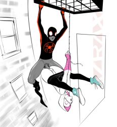 1boy 1girls acrobatic acrobatic_sex balls dark-skinned_male dark_skin gwen_stacy hanging hanging_from_rope interracial marvel marvel_comics miles_morales penis penis_in_pussy pussy spider-gwen spider-man spider-man:_across_the_spider-verse spider-man:_into_the_spider-verse spider-man_(series) superhero superheroine tagme testicles vaginal_penetration