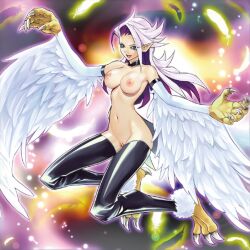 1girls areolae black_legwear blue_eyes breasts clawed_toes claws duel_monster edit feathered_wings female female_only harpie_conductor harpy konami legwear long_hair monster_girl nipples nude nude_female pink_hair pointy_ears pussy solo winged_arms wings yu-gi-oh!