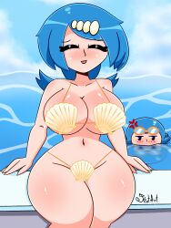 2girls artist_name artist_signature big_breasts blue_eyes blue_hair eyes_closed female female_only gigantic_breasts human kiut_arts lana's_mother_(pokemon) lana_(pokemon) milf multiple_girls pokemon seashell seashell_bra sitting solo_focus tagme water