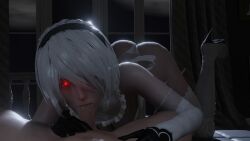 1boy 1girls 3d animated ass beauty_mark fellatio female gloves glowing_eyes hairband high_heels lazyprocrastinator looking_at_viewer maid_uniform male mole mole_under_mouth mp4 nier nier:_automata nier_(series) no_sound open_mouth oral penis red_eyes shorter_than_30_seconds sword tagme video weapon yorha_2b