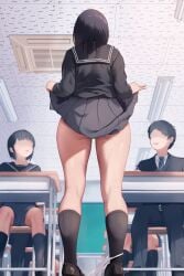 black_hair both_sexes_in_same_situation classroom exhibitionism flashing looking_at_pussy pussy_awe school_uniform sole_female umidariku underwear_down