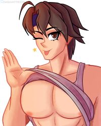 1boy 1male anji_mito brown_eyes brown_hair large_breasts large_pectorals lifting_shirt lifting_top male_only short_hair winking_at_viewer