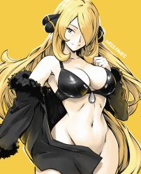 1girls black_bra black_coat blonde blonde_female blonde_hair bottomless bra breasts clothing cynthia_(pokemon) female female_only hair_ornament hair_over_one_eye large_breasts legs_together long_hair missfaves navel nintendo pokémon pokemon pokemon_champion smile solo undressing very_long_hair wide_hips yellow_theme