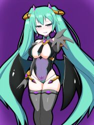 1girls aqua_eyes aqua_hair breasts clothed corruption dark_persona earrings evil_grin evil_smile female female_only hatsune_miku holding_out_hand large_breasts leotard light-skinned_female light_skin long_hair looking_at_viewer solo thighhighs twintails vocaloid