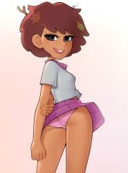 1girls 2022 absurd_res amphibia anne_boonchuy arms_behind_back ass back_view bedroom_eyes black_eyes brown_hair brown_skin clothed clothing color dark-skinned_female dark_skin disney disney_channel female female_focus female_only female_protagonist full_body hair hand_on_arm hi_res human leaves leaves_in_hair loodncrood looking_back miniskirt panties pantyshot pantyshot_(standing) pink_panties purple_skirt saint_james_school_uniform school_uniform schoolgirl small_breasts solo solo_female standing teenage_girl teenager tongue tongue_out upskirt white_clothing wind wind_lift