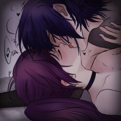 1boy 1girls bangs boy_on_top closed_eyes deep_kissing female french_kiss genshin_impact heart implied_sex indigo_hair kissing long_hair making_out male male/female mona_(genshin_impact) passionate passionate_kiss purple_hair scaramouche_(genshin_impact) straight tongue_kiss violet_hair