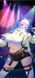 armpits audience bangs belly_button belt blue_hair blurry_background blush cat_ears choker cleavage concert exposed_shoulders fake_animal_ears fit_female highres hourglass_figure how_to_raise_a_harem huge_breasts jacket kasa_(how_to_raise_a_harem) large_breasts leg_strap light long_hair microphone midriff necklace official_art open_jacket open_mouth purple_eyes red_eyes screenshot shorts shoulders singing skirt stockings straps tank_top thick_thighs thighhighs thighs twintails white_shirt