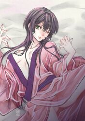 cross_guilty dark_hair female female_only genderswap_(mtf) gintama green_eyes inner_sideboob japanese_clothes kimono long_hair looking_at_viewer no_bra on_back one_eye_closed open_clothes open_kimono purple_hair rule_63 shounen_jump solo spread_legs takasugi_shinsuke