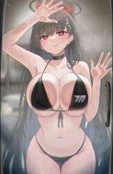 1girls against_glass bangs bare_arms bare_shoulders bathroom bikini black_and_red_halo black_bikini black_choker black_hair black_swimsuit blue_archive blush blush_lines blushing_at_viewer breast_press breasts_against_glass breasts_on_glass bright_pupils choker collarbone condensation eyebrows_visible_through_hair female front-tie_bikini_top front-tie_top hair_ornament hairclip halo hand_on_glass hands_against_glass huge_breasts indoors large_breasts light-skinned_female long_hair loose_hair_strand mijikayo millennium_science_school_logo_(blue_archive) millennium_science_school_student navel parted_lips red_eyes rio_(blue_archive) seminar_(blue_archive) seminar_president solo stomach string_bikini student_council_president swimsuit thigh_gap very_long_hair water_drop wet white_pupils