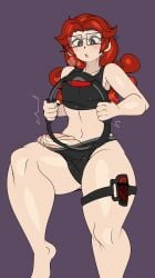 blush clothing electronics femboy freckles game_controller glasses human joycon_controller joycon_strap legwear male nat_(riteliso) nintendo nintendo_switch pale_skin penis pilates_ring red_hair ring_fit_adventure ringcon_controller slipping_out sportswear sweat trans_woman transfem wide_hips workout workout_clothes