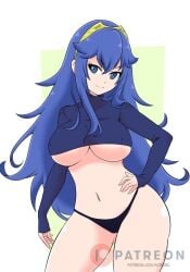 1girls ass_visible_through_thighs bare_midriff bare_thighs black_panties blue_eyes blue_hair breasts covering_breasts female female_only fire_emblem fire_emblem_awakening long_hair long_sleeves lucina_(fire_emblem) midriff nintendo noboru_revista panties simple_background smile solo thighs tiara underboob underwear very_long_hair white_background