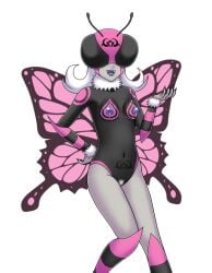 butterfly butterfly_humanoid butterfly_wings corruption dark_persona enemy_conversion female hair_color_change hair_growth helmet icelee monster_girl nipples nude post_transformation pussy skin_color_change small_breasts species_transformation transformation