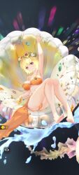 armpits arms_up bangs bikini blonde_hair clam feet flower flower_in_hair flower_ornament full_body gem hair_ornament highres how_to_raise_a_harem huge_breasts jellyfish large_breasts legs legs_together legs_up lily_(how_to_raise_a_harem) official_art orange_bikini orange_swimsuit purple_eyes red_eyes screenshot short_hair simple_background sitting splashing swimsuit thighs water