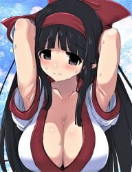 1girls ainu_clothes alternate_breast_size armpits arms_behind_head big_breasts black_hair blush breasts busty cleavage female female_only grey_eyes hair_ribbon hirowa_nagi large_breasts long_hair looking_at_viewer nakoruru pose ribbon samurai_shodown sexy_armpits snk solo sweat