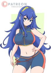 1girls alternate_costume ass_visible_through_thighs bare_arms bare_midriff bare_thighs bikini blue_bikini blue_eyes blue_hair blue_swimsuit breasts female female_only fire_emblem fire_emblem_awakening fire_emblem_cipher large_breasts long_hair lucina_(fire_emblem) midriff nintendo noboru_revista official_alternate_costume simple_background smile solo swimsuit thighs tiara very_long_hair white_background