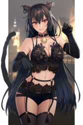 1girls :p bangs bare_shoulders belly belly_button black_gloves black_hair black_panties blush bra breasts cat_ears cat_tail catgirl choker cleavage collarbone gloves highres kantai_collection lace lace-trimmed_bra lace-trimmed_panties lace_trim large_breasts lingerie long_hair looking_at_viewer midriff nagato_(kantai_collection) necklace panties paw_pose pendant_necklace red_eyes smile solo stockings tail thighhighs tongue tongue_out underwear zettai_ryouiki