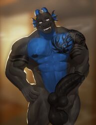 abs absurd_res anthro balls black_body black_scales blue_body blue_scales bodily_fluids chest_tattoo dragon fangs front_view genitals hi_res huzzhuz knot looking_at_viewer male muscular muscular_male musk pecs penis pinup portrait pose scales scalie solo sweat sweaty_balls sweaty_genitalia tarc_(tarkas) tattoo teeth three-quarter_portrait vein veiny_knot wet wet_body wet_scales