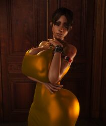 1girl 1girls 3d 3d_(artwork) alternate_ass_size alternate_breast_size breasts_bigger_than_head breasts_bigger_than_torso brown_hair capcom cleavage clothed clothed_female dress enormous_breasts female female_only fireplace gigantic_breasts gold_dress hand_on_hip hourglass_figure huge_ass huge_breasts human human_female human_only looking_at_viewer massive_breasts necklace nipples nipples_visible_through_clothing resident_evil resident_evil_5 rug sheva_alomar shiny_clothes skin_tight skindentation small_waist sofa table thighs thin_waist upper_body vaako wasp_waist wide_hips