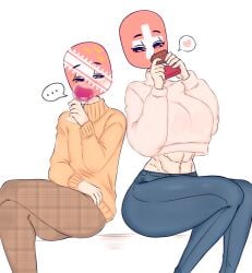 abs alsace_(statehumans) big_breasts blush commission countryhumans countryhumans_girl crop_top drinking eating flawsy male/female red_eyes shy statehumans switzerland_(countryhumans) taller_female