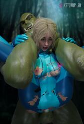 1boy 1girls balls blonde_female blonde_hair bodysuit breasts cum cum_in_pussy cum_inside female full_nelson full_nelson_(legs_held) full_nelson_vaginal green_skin interspecies ketchup_3d light-skinned_female light_skin male metroid nipples orc orc_male orced samus_aran self_upload sex standing_full_nelson standing_sex torn_bodysuit torn_clothes vaginal_penetration zero_suit_samus