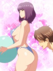 1boy 1girls ass breasts brown_hair holding_object junjou_decamelon medium_breasts purple_hair screencap swimsuit thick_thighs thighs