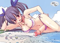 1futa beach bikini black_hair blush brown_eyes cum futa_giantess futa_only futanari giant_futanari giantess ineffective_clothing large_breasts large_penis micro mostly_nude penis seo_tatsuya solo