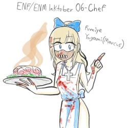 1girls blonde_hair blood_stain brain breasts chef female female_only fumiye_yagami_(marcus) inktober inktober_2021 knife long_hair marcus_(artist) marcus_(disambiguation) nairod103098 naked_apron solo