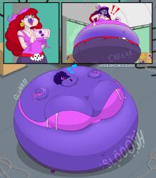 1girls big_belly big_breasts blueberry_inflation bottom_heavy captain_syrup cheeks_inflation clothing comical_weapon female female_only heart huge_belly huge_breasts inflated_belly inflation large_belly lipstick nintendo puffed_cheeks red_hair ripped_clothing solo solo_female sound_effects spherical_inflation sunken_head sunken_limbs thick_thighs wario_land wide_hips