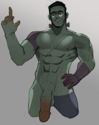 1boy 2023 bara bara_tits barazoku enormous_schvanstucker frankenstein frankenstein's_monster frankenstein_(species) gay green-skinned_male hi_res highres looking_at_viewer male male_focus male_nipples male_only manly monster muscular_male nipples penis solo solo_male yaoi yawmie