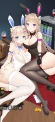 2girls aged_up alcohol ass bangs beverage beverage_can black_bunnysuit black_gloves black_stockings blue_eyes blush breasts brown_hair bunny_ears bunny_girl bunnysuit casino cleavage cleavage_cutout coin fake_animal_ears feet frills gloves grabbing_own_ass hairclip highres how_to_raise_a_harem huge_breasts legs legs_together long_hair looking_at_viewer medium_breasts mu_&_ye_(how_to_raise_a_harem) nail_polish necktie official_art pink_nails poker_cards pulling_clothing purple_eyes refrigerator screenshot siblings sisters stockings straps thighhighs thighs tie twins white_bunnysuit white_stockings wine wine_glass