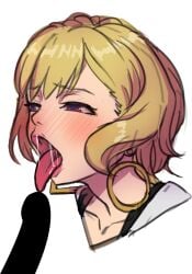 1boy 1girls blonde_hair blush censored citrinne_(fire_emblem) earrings fellatio female fire_emblem fire_emblem_engage imminent_fellatio imminent_oral imminent_sex male naughty_face nintendo open_mouth oral penis r123 red_eyes saliva short_hair tongue tongue_out white_background