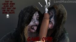 3d bela_(resident_evil) black_hair black_lips blonde_female blonde_hair blood blood_on_face blood_stain cassandra_(resident_evil) cum cum_drip cum_in_mouth cumshot english_text faceless_male game_over hooded_cloak looking_at_viewer lordmaximus open_mouth oral_creampie penis resident_evil resident_evil_8:_village skull_and_crossbones tattoo text tongue tongue_out yellow_eyes