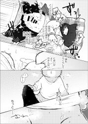 anthro black_body black_fur comic domestic_cat doujinshi duo felid feline felis fur greyscale japanese_text lagomorph leporid male mammal monochrome odabuttu rabbit rufuta_hachitani text uwaharu_nezazono working_buddies! young