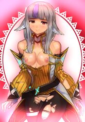 1girls alternate_costume blush blush_lines bodysuit breasts breasts_out crossover embarrassed female female_focus female_only fire_emblem fire_emblem_fates grey_hair long_hair medium_breasts medium_hair multicolored_hair nia_(xenoblade)_(cosplay) nintendo nipples pantyhose purple_hair pussy r123 red_eyes shy shy_smile smile solo solo_female solo_focus torn_clothes torn_shirt torn_top torn_topwear velouria_(fire_emblem) xenoblade_(series) xenoblade_chronicles_2 xenoblade_chronicles_3