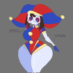 2023 2d 2d_(artwork) 2d_artwork artist_request breasts brown_hair dialogue female glitch_productions gloves gooseworx huge_thighs jester jester_costume jester_hat jester_outfit looking_to_the_side medium_breasts pomni pomni_(the_amazing_digital_circus) short_hair tagme the_amazing_digital_circus thick_thighs white_body
