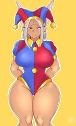 1girls big_breasts big_thighs bunny_ears colored cosplay crossover_cosplay ettso female gooseworx jester jester_costume jester_hat jester_outfit looking_at_viewer miruko my_hero_academia pomni_(cosplay) red_eyes the_amazing_digital_circus thick_thighs white_hair