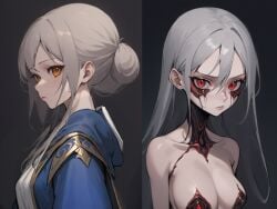 1girls ai_generated amber_eyes before_and_after breasts cleavage closed_mouth collarbone corruption grey_hair hair_between_eyes hair_bun highres long_hair looking_at_viewer medium_breasts monster_girl prosopagnosic_hitman red_eyes robe self_upload silver_hair simple_background stable_diffusion unusual_nipples upper_body