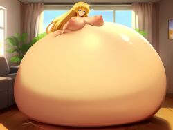 ai_generated blonde_hair blue_eyes colossal_belly cute gigantic_breasts heart hyper_pregnancy immobile living_room long_hair pregnant self_lying smile stable_diffusion too_big_to_move